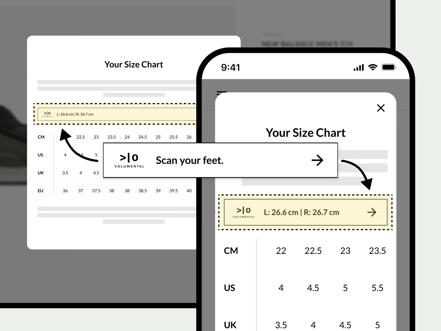 Volumental widget shown embedded inside an e-commerce size chart