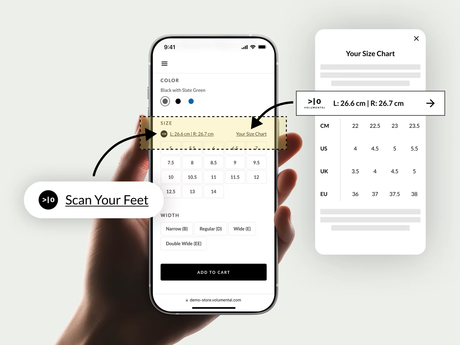 Volumental widget shown in the size selector on a product page, beside the size chart link