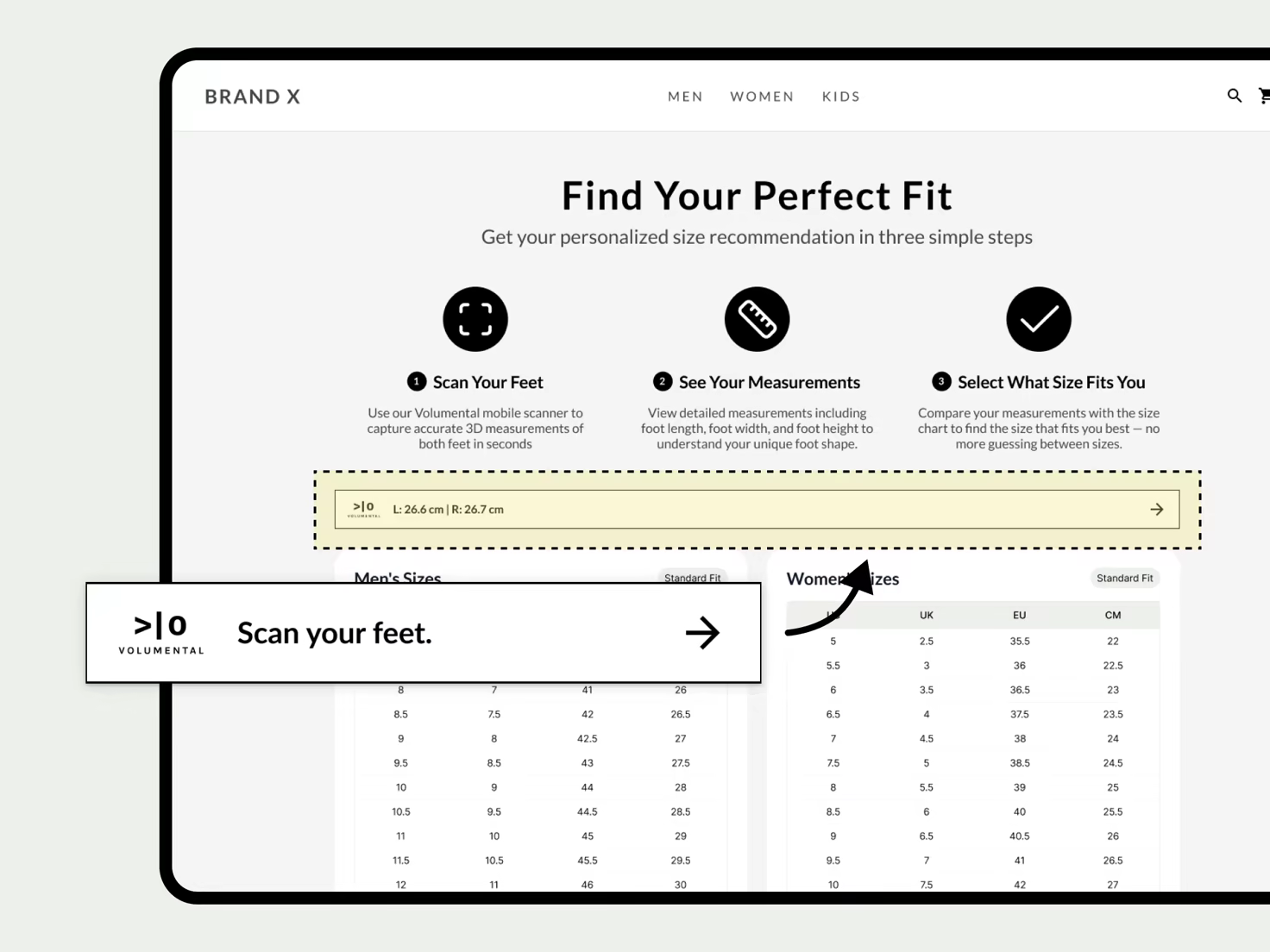 Volumental widget shown inside a site-wide size guide page on a laptop