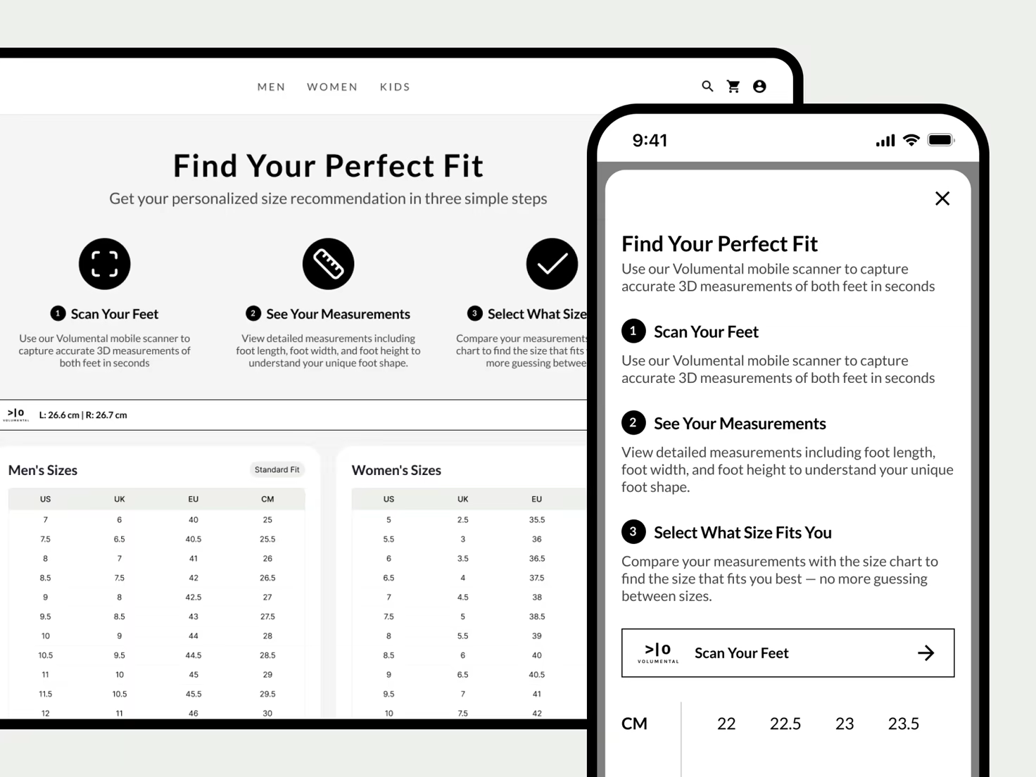 Find Your Perfect Fit three-step explainer shown on desktop and mobile size guides