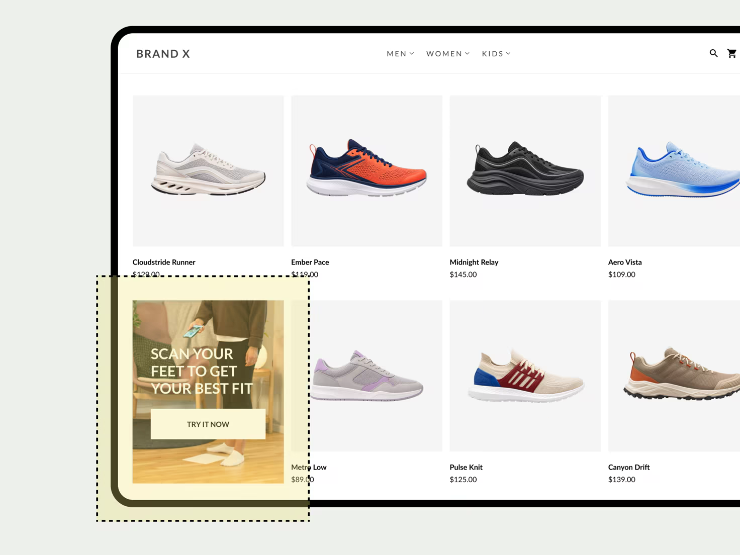Scan-your-feet banner shown above the product grid on a product listing page