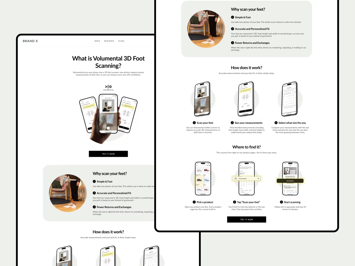 Landing page template introducing Volumental 3D foot scanning with why, how, and where sections