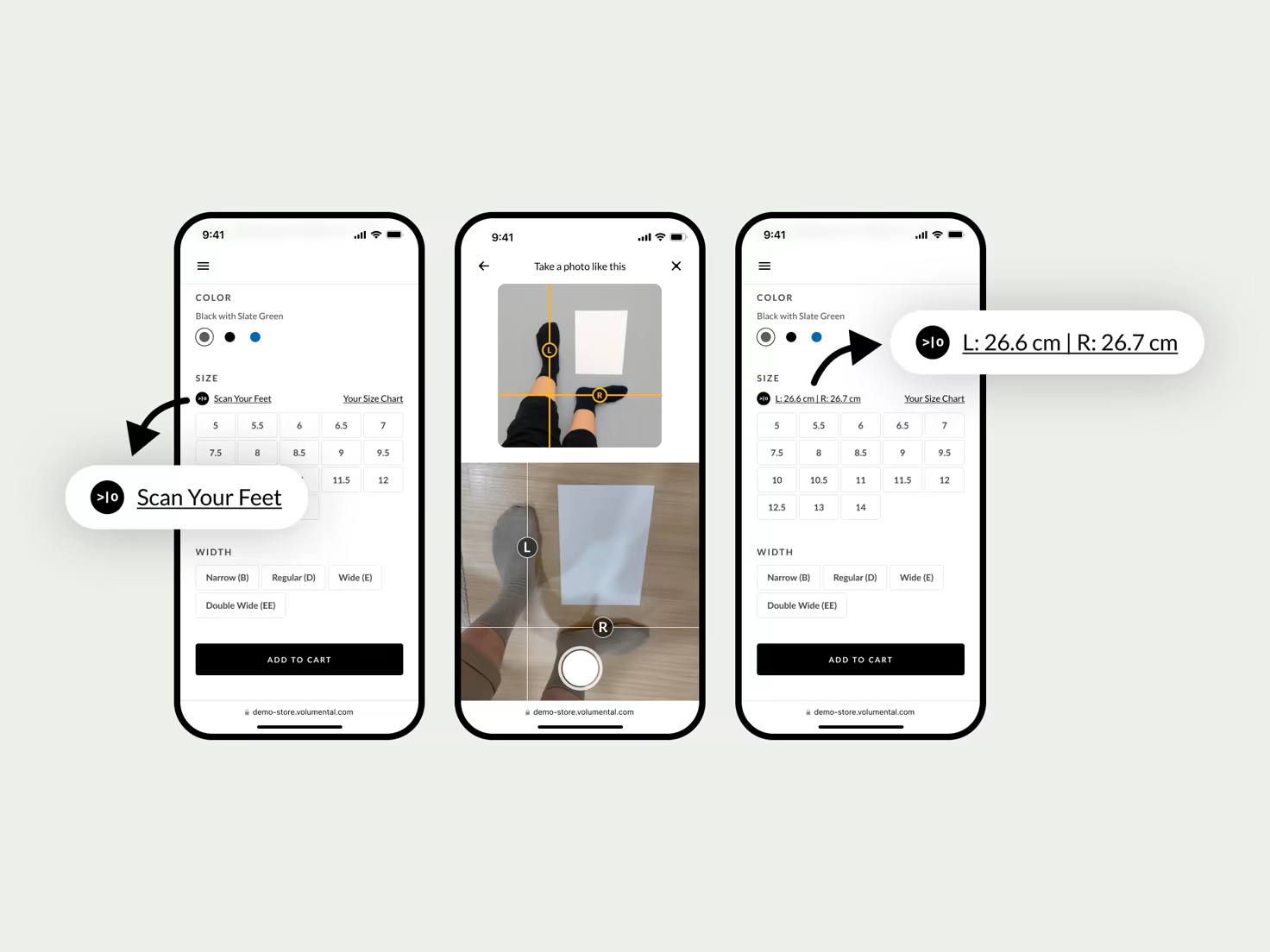 Link style Volumental widget shown in the size selector on product pages